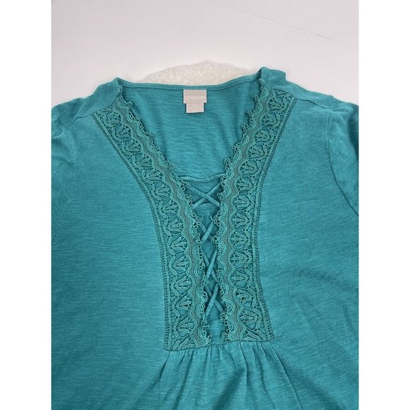Chicos Size 3 Embroidered Peasant Top 3/4 Sleeve Tunic Asymmetric Hemline Green - Picture 4 of 9